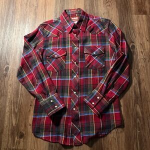 Wrangler Western Flannel Shirt Plaid Red Black Button Down Long Sleeve Menswear‎